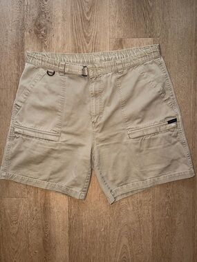 Tan Cargo Shorts with Utility Pockets and built in Velcro belt.